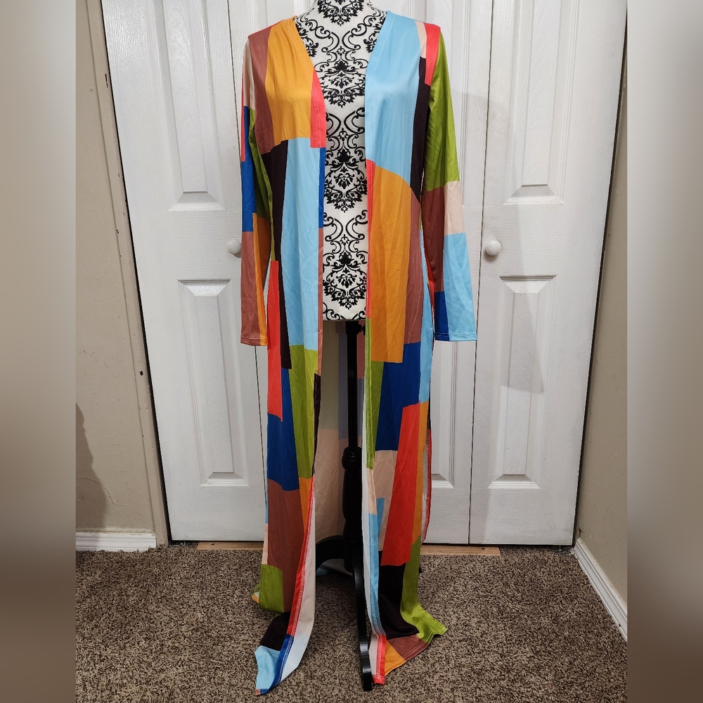 NWT CBR Chic Boutique Rose Multicolor Geometric Print Duster Cardigan